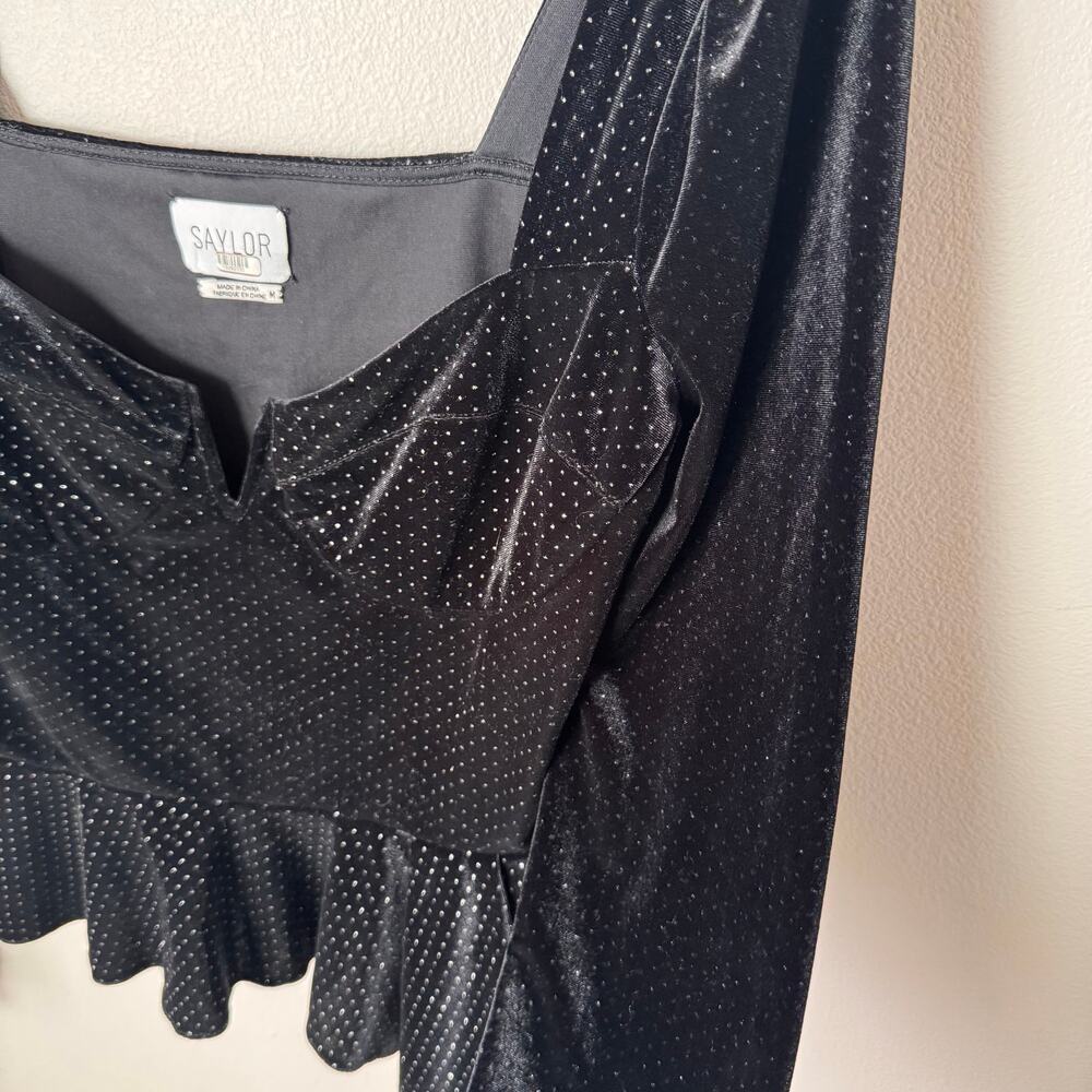 Saylor Elsa Black Velvet Metallic Peplum Top Long Sleeve Party Blouse Sz M - Picture 10 of 11